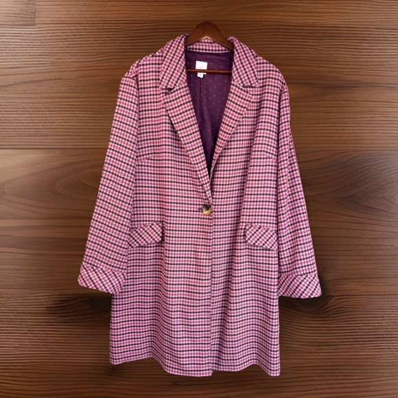 J Jill Pink Purple Houndstooth Coat  XL Jacket Duster Preppy Girly Academia Mod - Picture 1 of 16